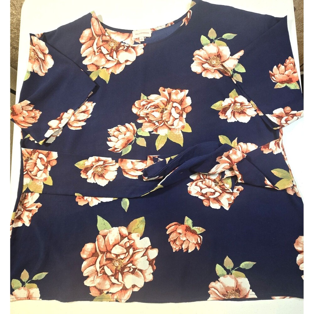 Molly Isadora Blouse Womens Plus 2X Blue Floral Tie Belt  for front or side